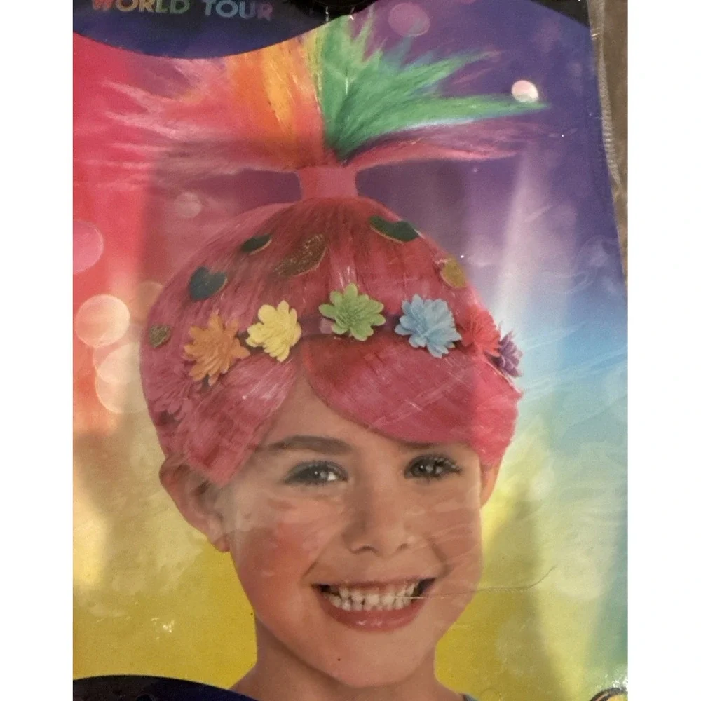 Trolls World Tour Poppy Wig Child One Size Rainbow Pink Flowers Glitter Hearts